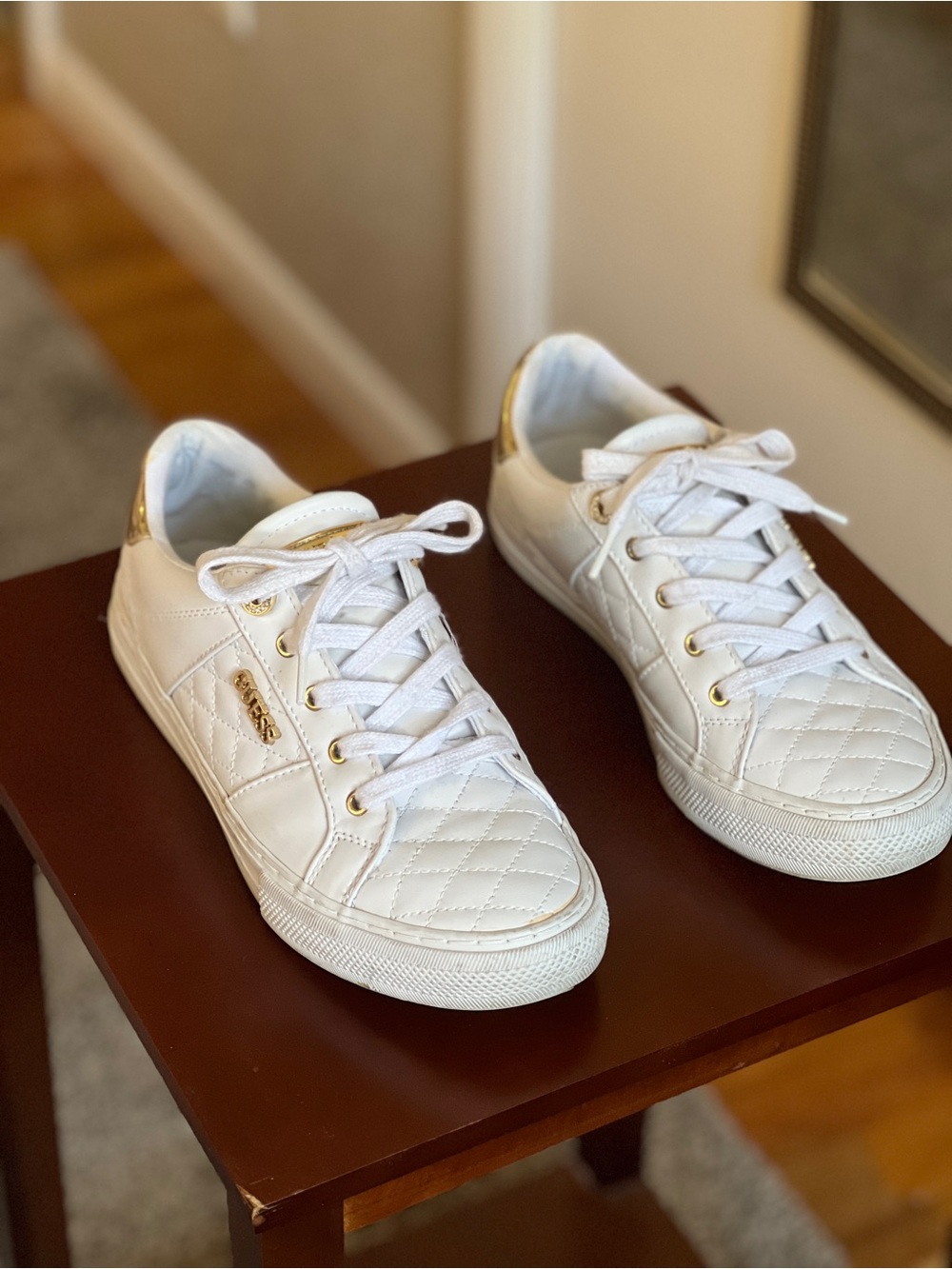 Guess White Quilted Sneakers with Gold Accents